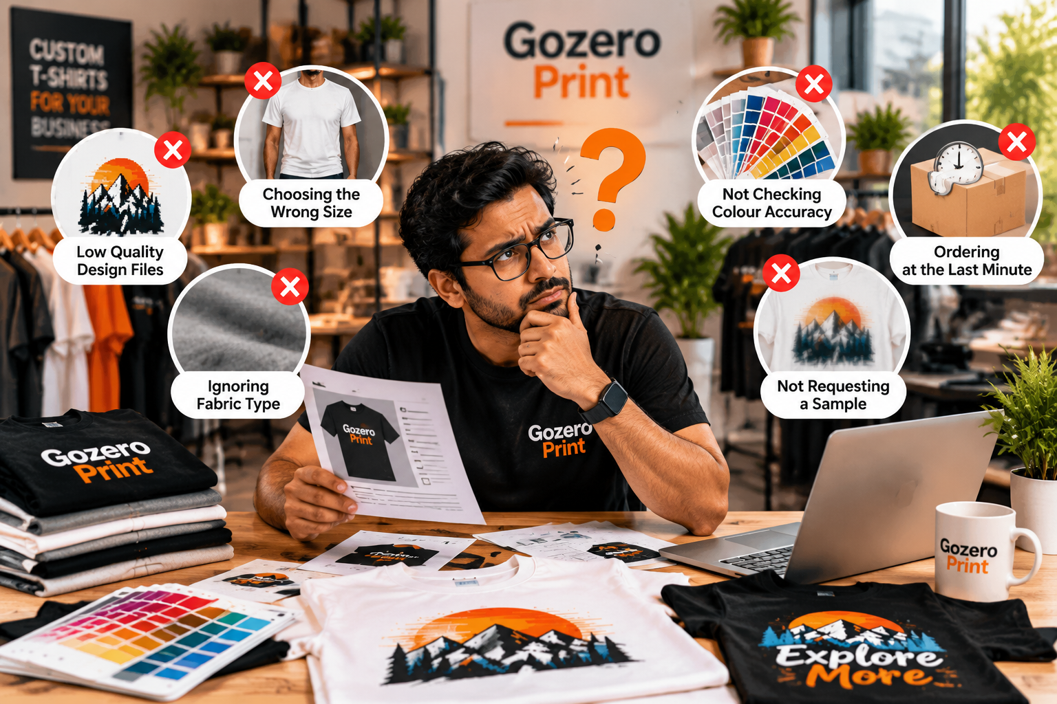 Common custom T-shirt printing mistakes, including wrong sizing, poor design files, fabric type, colour accuracy, and ordering samples