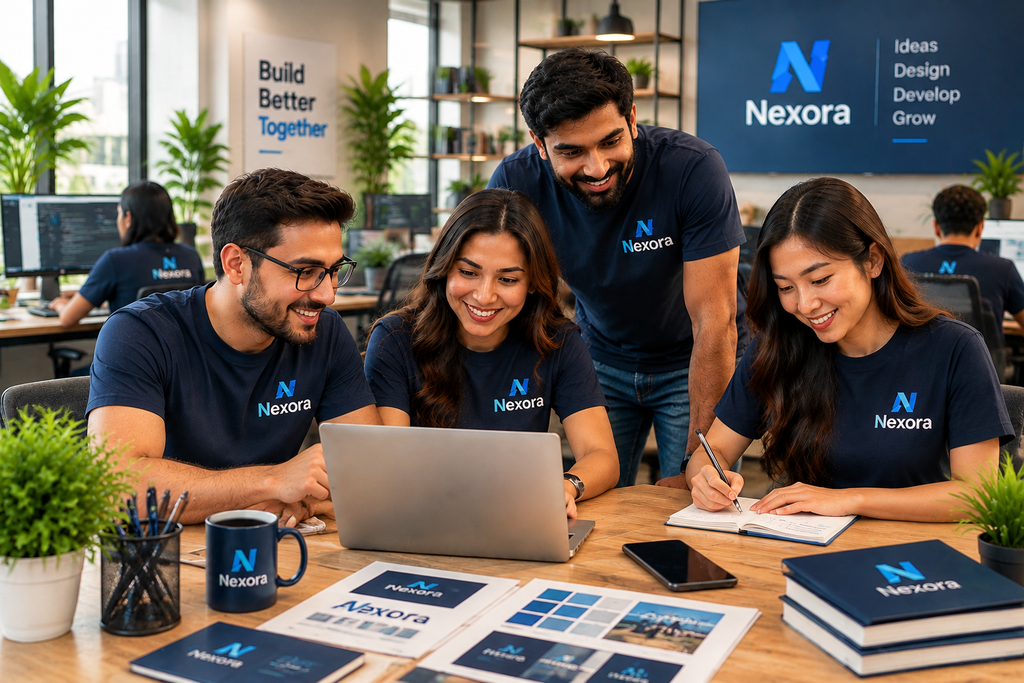 Custom branded T-shirts for business teams with employees collaborating in a modern office workspace