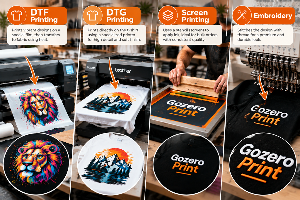 Custom T-shirt printing methods including DTF, DTG, screen printing, and embroidery services