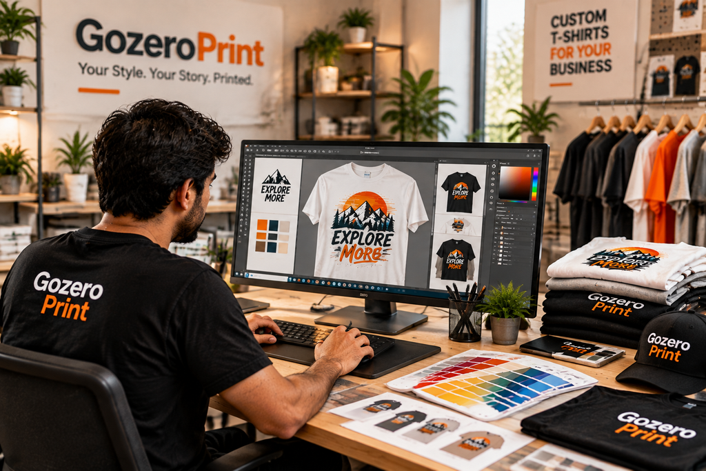 Custom T-shirt printing and design workspace with printed T-shirts and digital artwork