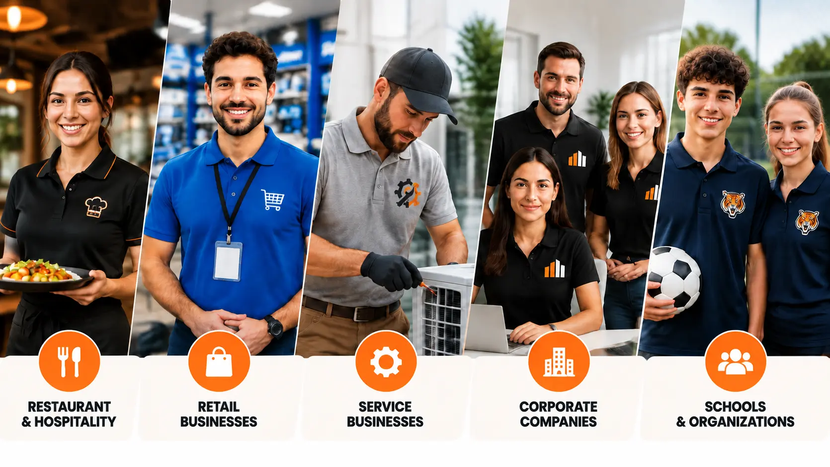 Custom polo shirts for different industries including restaurants, retail, service businesses, corporate teams, and organizations