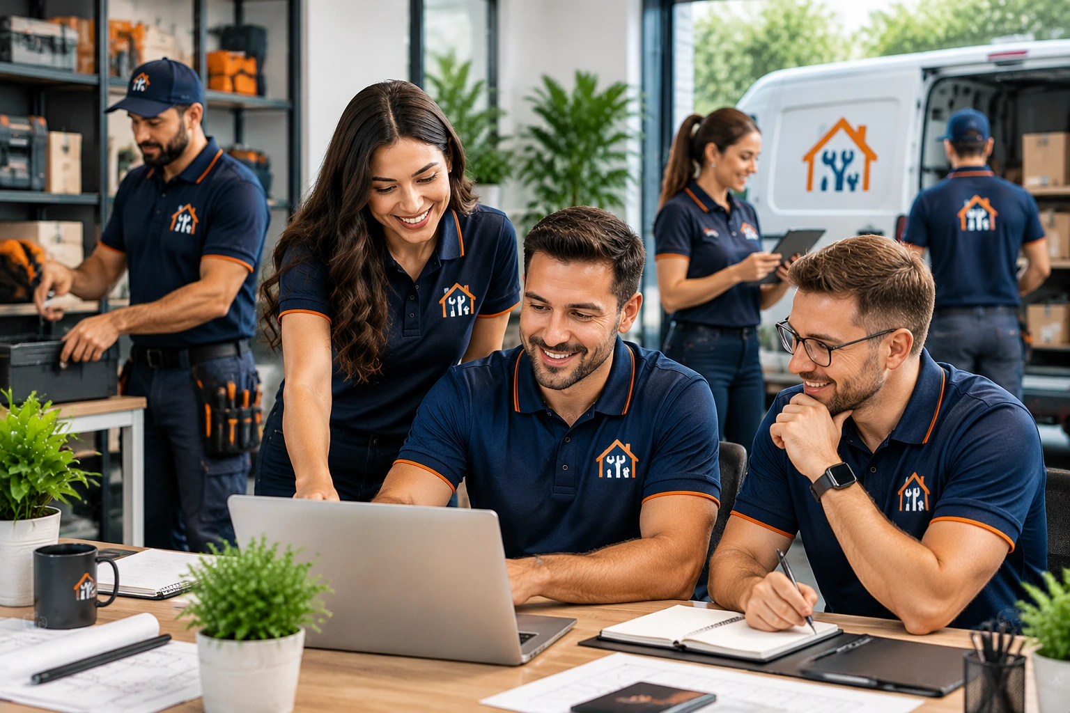 Business team wearing branded custom polo shirts for company uniforms and workplace branding