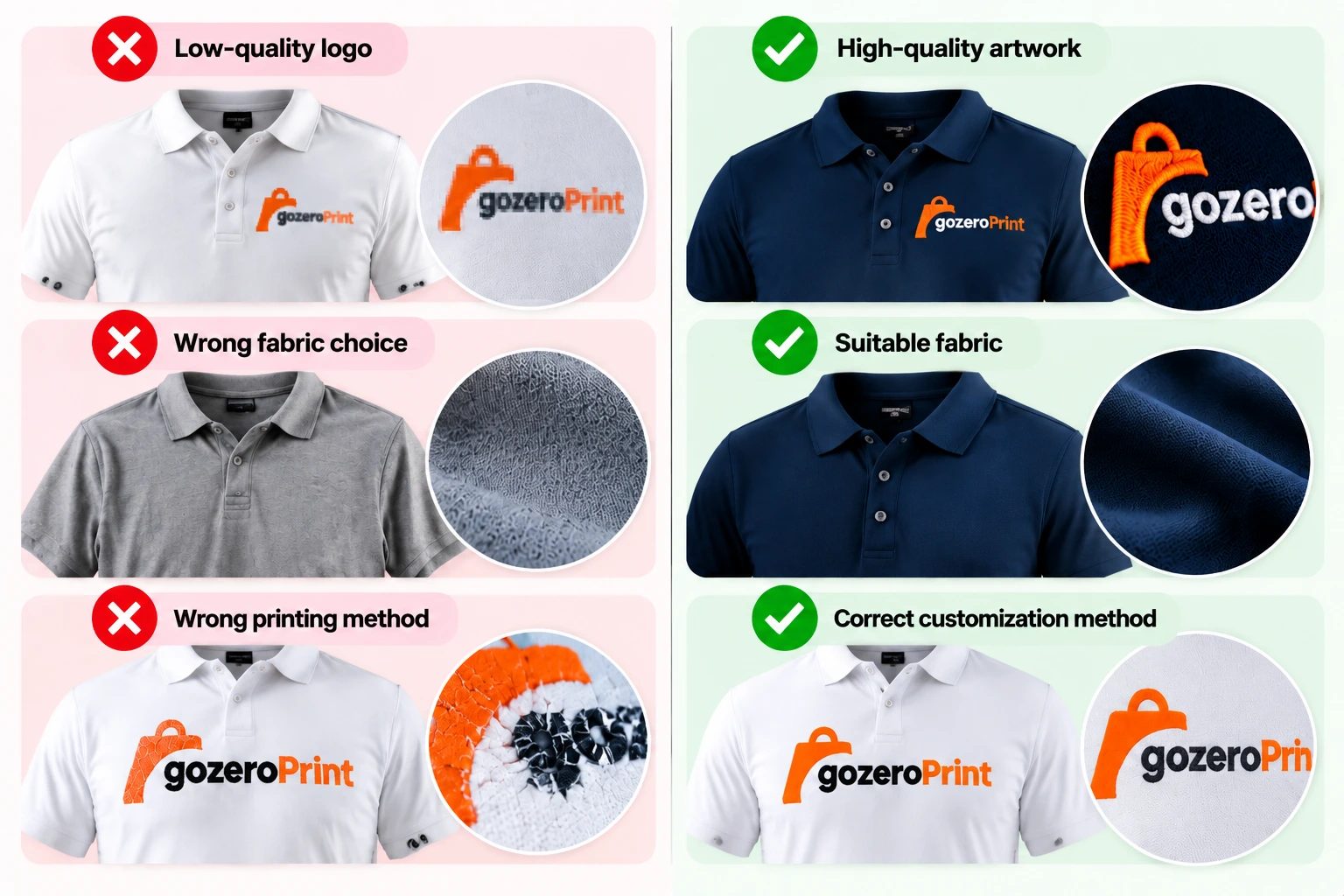Common custom polo shirt mistakes compared with better choices including logo quality, fabric selection, and customization methods
