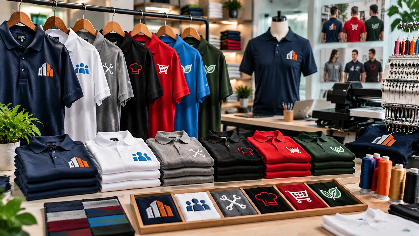 Custom polo shirts with embroidered logos for businesses, teams, and organizations